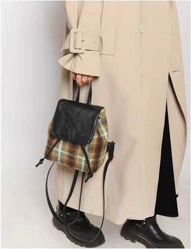 Vista 3 de Mochila vintage a cuadros para mujer, mochila clásica preppy casual, mochila estética de viaje, mochila retro para mujer, Verde