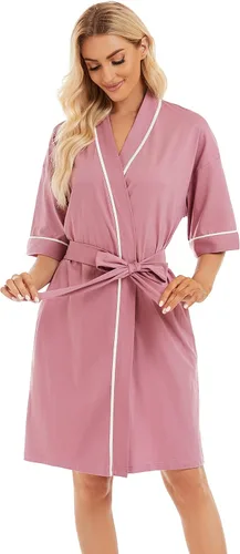 Vista 101 de COLORFULLEAF Bata de baño de manga corta para mujer, 100% algodón, longitud hasta la rodilla, con bolsillos