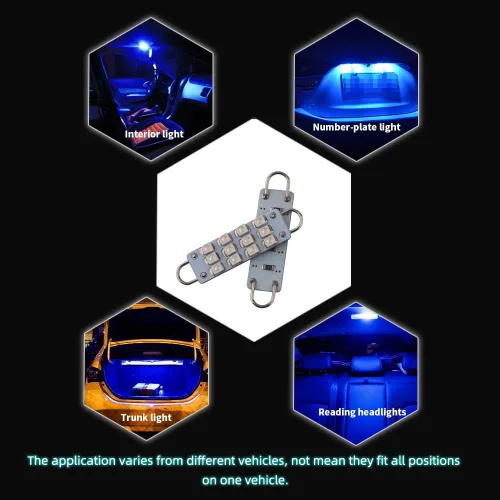 Vista 6 de Grandview 4 bombillas LED de 1.73 pulgadas 12-SMD 1210 3528 con chip rígido para interior de automóvil, cúpula de mapa, luces de cortesía para Azul