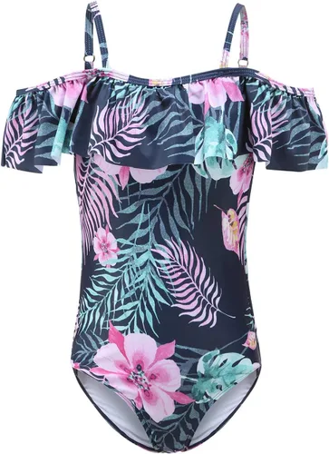 Vista 14 de Trajes de baño de una pieza para niñas, traje de baño con volantes de un hombro Bandera estadounidense 06
