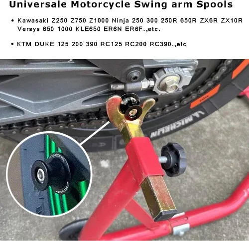 Vista 2 de Universale M10 x 1.25 Motocicleta Swing Arm Slider Carretes Soporte para Ninja 250 400 650R Z750 Z1000SX CFMOTO 450NK 450SS 450SR 450MT 800MT Duke