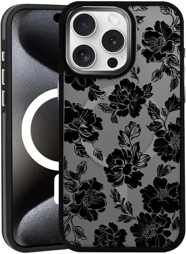 Vista 9 de DAIZAG Funda magnética para iPhone 13, [esquinas a prueba de golpes] [compatible con MagSafe], funda negra translúcida mate, estética floral de flor