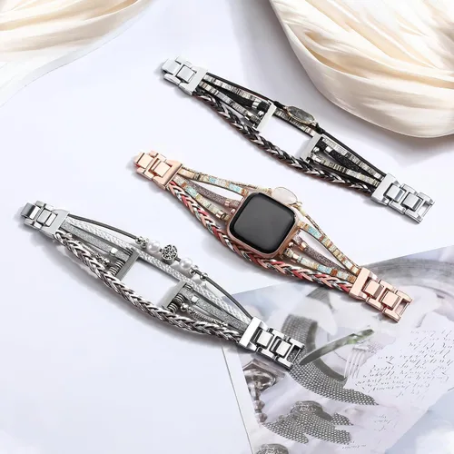 Vista 2 de Pulsera de cuero bohemia compatible con Fitbit Versa 4/Versa 3/Sense/Sense 2 bandas para mujeres y hombres, joyería hecha a mano, correa multicapa