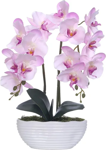 Vista 10 de Planta de orquídea artificial grande en maceta, arreglo floral de seda con jarrón de cerámica, morado oscuro