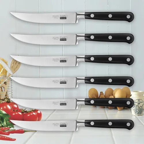 Vista 8 de Cooks Standard Juego de cuchillos clásicos para carne, acero inoxidable de alto carbono, mango ergonómico, 6 piezas, color negro