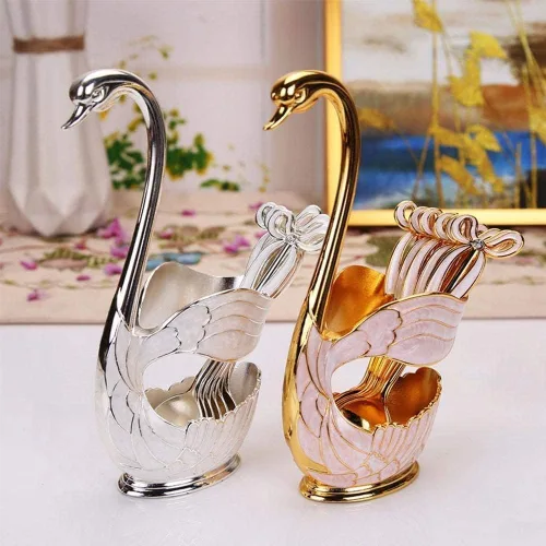 Vista 6 de Juego de cucharas de postre de café de metal con soporte, cisne para cucharas, base de cubiertos de frutas, organizador de 6 piezas de helado