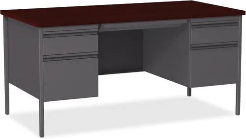 Vista 4 de Lorell Fortress - Escritorio con pedestal doble, 30 x 60 x 29.5 pulgadas, base de acero gris con parte superior laminada de caoba