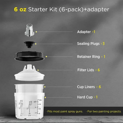 Vista 2 de InoKraft Copa para Pistola de Pintura Desechable, Kit Mini de 6 Onzas (180ml) con 6 Copas y Tapas, 1 Copa Rígida con Anillo Retenedor, 3 Tapones