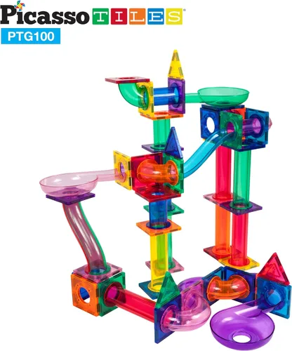 Vista 5 de PicassoTiles Paquete de 100 azulejos magnéticos + 100 piezas de canicas para carreras de carreras divertido y creativo, juguete sensorial educativo