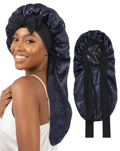 Vista 21 de AWAYTR Gorro largo de satén para mujer, gorro de seda elástica de doble capa para trenzas, gorro de dormir con banda de amarre (negro)