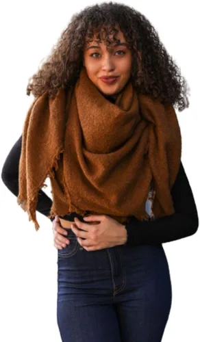 Vista 6 de Bufanda de manta a cuadros, color sólido, chal de mohair cuadrado, bufanda para mujer Negro
