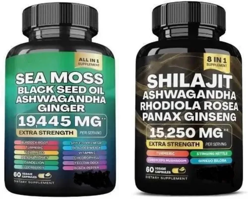 Vista 2 de Paquete de musgo marino y shilajit - Musgo marino, aceite de semilla negra, ashwagandha, jengibre y shilajit, Rhodiola Rosea, Panax Ginseng