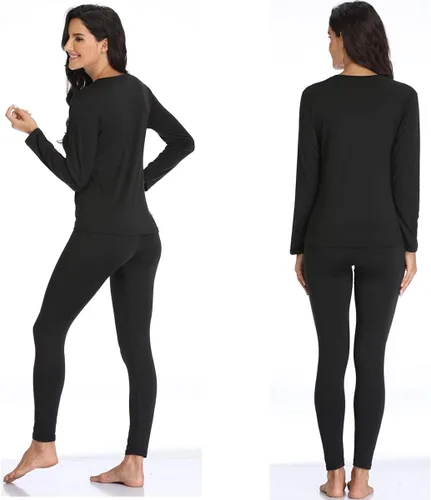 Vista 2 de Conjunto de ropa interior térmica para mujer con forro polar ligero ultra suave, juego largo de John que absorbe la humedad, Negro