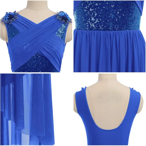 Vista 5 de AFAVOM Disfraz de baile lírico para mujer, vestido de lentejuelas con flores, falda asimétrica de tul fluida, disfraces de danza contemporánea