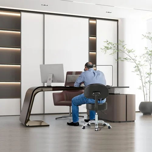Vista 2 de Silla redonda con respaldo, acolchado grueso y resistente, taburete giratorio con ruedas, taburete ajustable con ruedas (con respaldo, negro)
