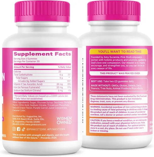 Vista 9 de Gomitas de suplemento prenatal de hierro para mujer, 20 mg, 60 unidades de Pink Stork Con vitamina C para absorción, sabor a uva, alivia