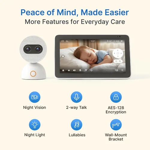 Vista 6 de Simsky Monitor de bebé de pantalla dividida de 7 pulgadas con 2 cámaras, cámaras duales de 4MP con zoom 6X y zoom panorámico, WiFi y sin WiFi
