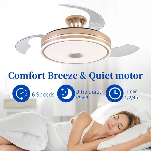 Vista 6 de Ventilador de techo retráctil, 42 pulgadas modernas luces de ventilador de techo LED de perfil bajo Ventiladores de techo, para dormitorio