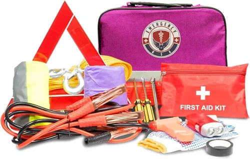 Vista 9 de Kit de emergencia para automóvil en carretera, juego de primeros auxilios, cables de puente, correa de remolque, luz de flash LED, capa de lluvia