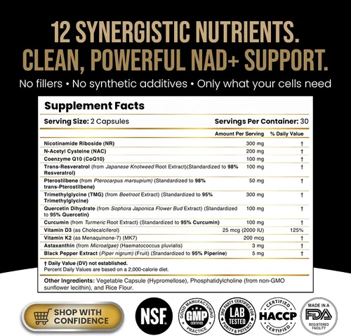 Vista 9 de DLNIA Suplemento liposomal NAD+ y alternativa NMN Ribosida de nicotinamida (NR) 1258 mg con resveratrol, quercetina, pterostilbeno