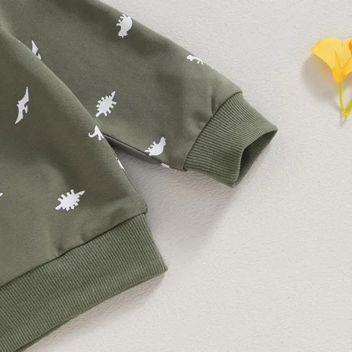 Vista 4 de Thorn Tree Conjunto de ropa de dinosaurio para niños pequeños, sudadera de cuello redondo, suéter de manga larga, pantalones de bolsillo sólido