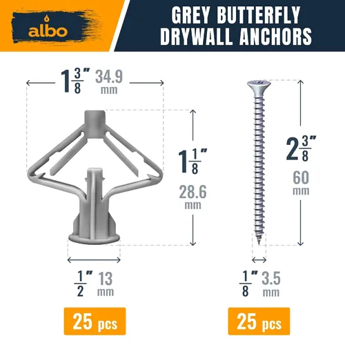 Vista 3 de Kit de anclaje para paneles de yeso Albo Anclajes de pared huecos con tornillos 50 piezas. (Anclaje gris 25 piezas + tornillos 25 piezas) Anclajes