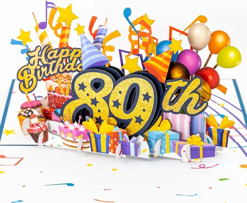 Vista 13 de iGifts And Cards Tarjeta desplegable 3D de feliz cumpleaños 87 – Diseño azul con números de purpurina, globos, pasteles y regalos – Tarjeta