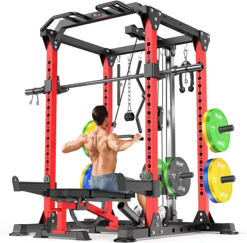 Vista 12 de Rack Multiusos para Sentadillas, Conjunto de Rack de Pesas Smith Machine con Sistema de Crossover de Cables, Racks de Potencia para Gimnasio