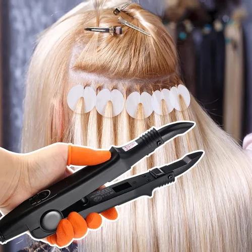 Vista 4 de Kit de extensión de cabello de queratina: plancha térmica, gránulos de pegamento de queratina, plantillas protectoras, pinzas para el cabello y Negro
