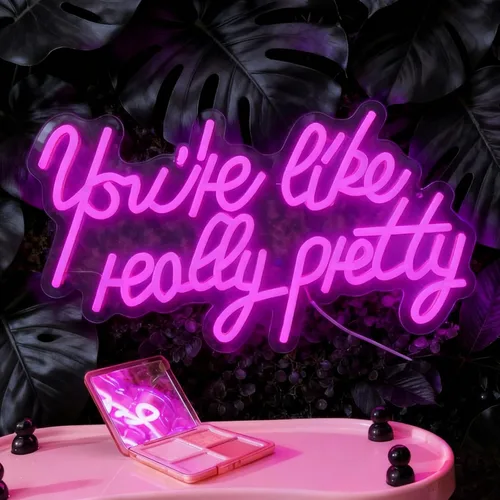 Vista 7 de Letrero de neón con texto en inglés "You're Like Really Pretty Neon", luz de neón LED rosa con atenuador y alimentación USB, decoración de pared