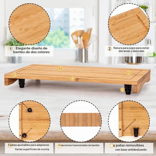 Vista 3 de Cubierta de bambú para estufa y tabla de cortar de encimera con patas ajustables, tabla de cortar de doble propósito para quemador de estufa