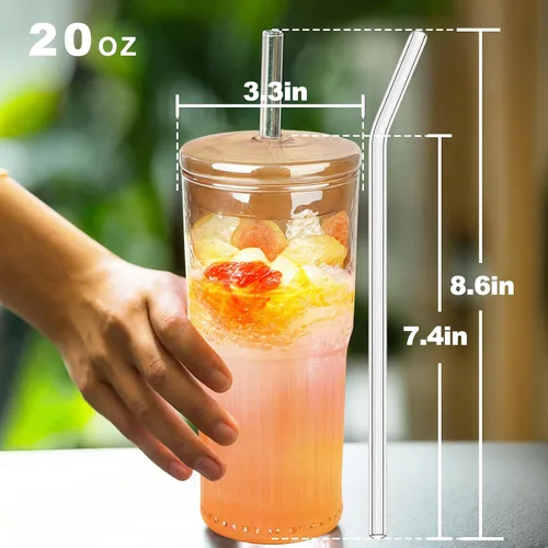 Vista 3 de JunVpic Tazas de vidrio con tapas y popotes, ámbar 20 OZ. Vasos para agua helada, zumo, té, leche, batido y bebidas frías o calientes, juego de 2
