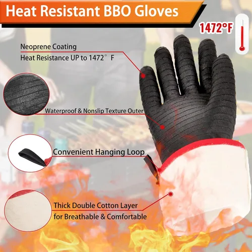 Vista 2 de Guantes de barbacoa – Guantes gruesos resistentes al calor de 1472 °F con gancho en S, guantes de horno de cocina de 14 pulgadas, guantes