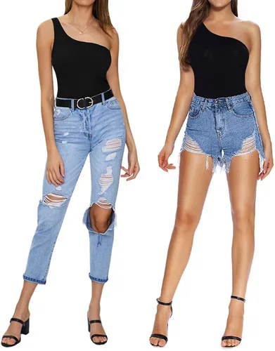 Vista 4 de MANGOPOP Women's One Shoulder Off Sleeveless Long Sleeve Tank Top Bodysuit Jumpsuits