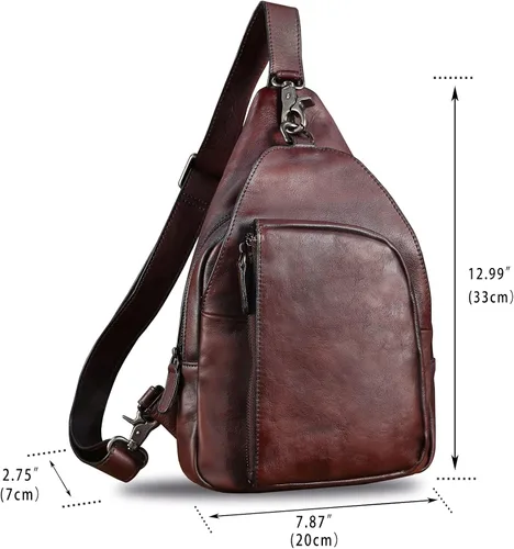 Vista 5 de Bolso bandolera de cuero genuino para hombres y mujeres, mochila vintage de cuero real, bolsa cruzada de hombro, bolsa de pecho