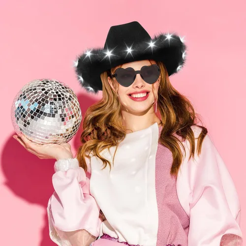 Vista 5 de Zhanmai 6 Pcs Cowgirl Light up Hat with Feather and Heart Sunglasses Negro