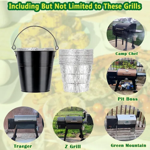 Vista 2 de Cubo de grasa para ahumador de pellets con paquete de 20 forros desechables de papel de aluminio para Traeger, Oklahoma Joe's, Pit-Boss, Camp Chef