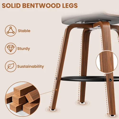 Vista 5 de YaFiti Taburetes de bar, taburetes de bar de 26 pulgadas de altura de mostrador con patas de madera curvada, taburetes giratorios con respaldo