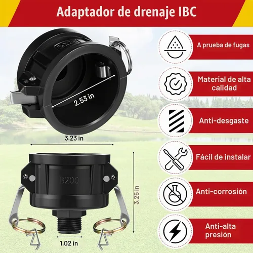 Vista 5 de Adaptador de asas Ibc, válvula doble de latón, 3/4 '' macho Npt a 3/4