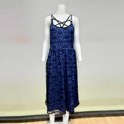 Vista 5 de Vestido de Halloween para mujer 2022, a la moda, con estampado de calavera, sexy, gótico, halter, sin mangas
