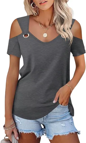 Vista 10 de Minetom - Camisetas básicas de verano para mujer, de manga corta, con hombros descubiertos y cuello en V