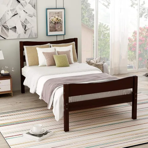 Vista 3 de Anwick Base de cama individual de madera con cabecero y estribo, base de colchón de plataforma con soporte de listones de madera para niños, Espresso