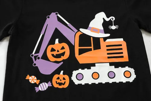 Vista 7 de Camiseta espeluznante que brilla en la oscuridad, manga corta, diseño de excavadora, para niñas, para fiesta de calabaza, Halloween