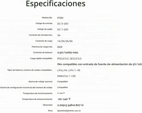 Vista 5 de ISDT PD60S XT60 Conector 60W 6A Cargador de equilibrio de batería Tipo C Entrada para batería Lipo 1-4S, vida útil, Lilon, LiHv/Pb/NiMH Batería