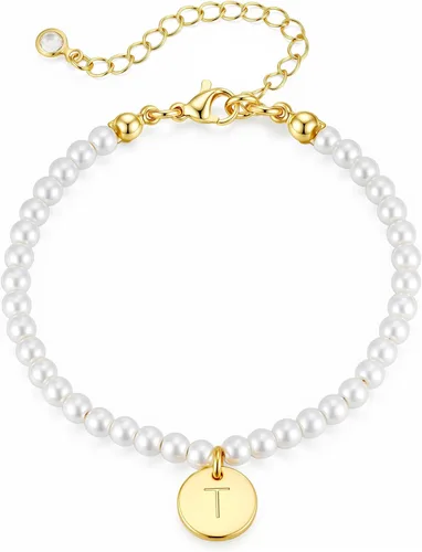 Vista 18 de Ursteel Pulsera de Perlas con Inicial para Mujer - Delicada Pulsera de Cuentas de Perlas con Letra Chapada en Oro de 14 Quilates para Mujer