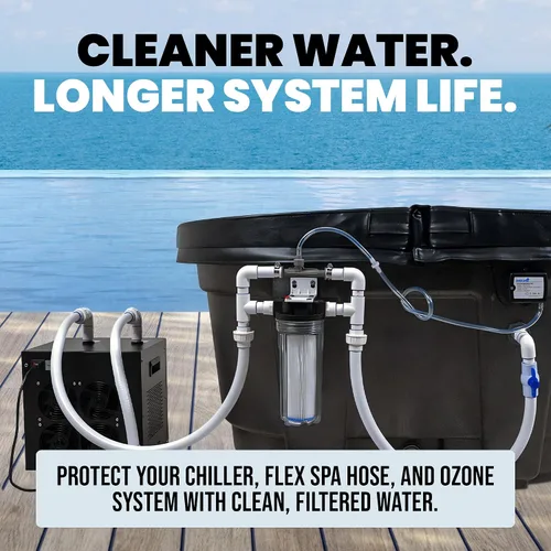 Vista 4 de Sistema de filtro de agua fría, carcasa de 10 pulgadas con puertos NPT de 3/4 pulgadas, filtros plisados de 1 × 50 micrones, kit de montaje y llave