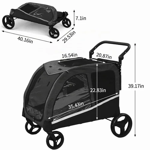 Vista 3 de Cochecito para perros grandes, cochecito extra grande para mascotas para perros medianos, carrito para perros, diseño plegable, asa ajustable