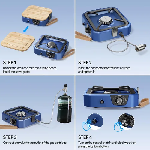 Vista 6 de Estufa de camping de propano inoxidable 304 de 2 quemadores con plancha, estufas portátiles de propano con 24000BTU, compatible con sartén