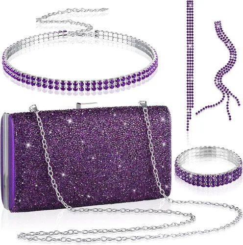 Vista 11 de Kigeli 4 piezas de diamantes de imitación para mujer, bolsa de embrague de noche, collar y pulsera para boda formal