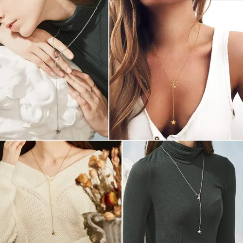 Vista 4 de FOCALOOK Lariat Y-Necklaces Long Necklaces for Women Gold Necklaces for Women Drop Moon Star Necklaces for Women Stainless Steel Jewelry Front